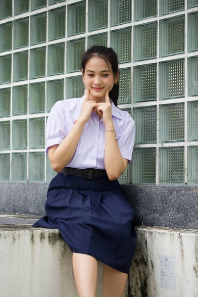 Porträtt Thai Gymnasiet Student Uniform Tonåring Vacker Flicka Glad Och — Stockfoto