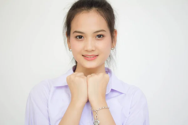 Porträtt Thai Gymnasiet Student Uniform Tonåring Vacker Flicka Glad Och — Stockfoto