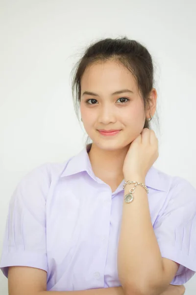 Portrait Thai Lycéen Uniforme Adolescent Belle Fille Heureux Détendre — Photo