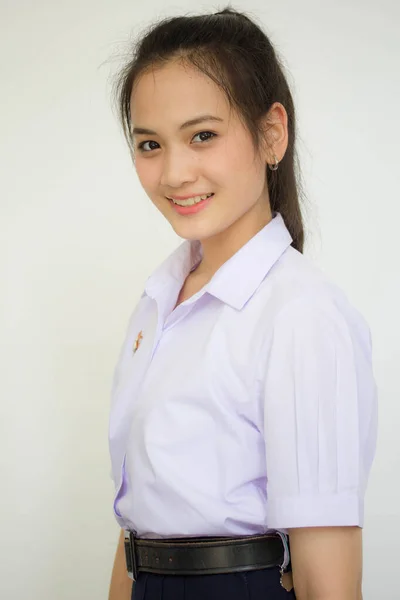 Portrait Thai Lycéen Uniforme Adolescent Belle Fille Heureux Détendre — Photo