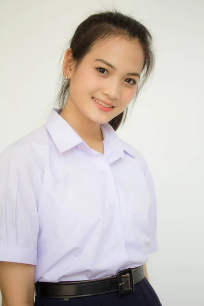 Portrait Thai Lycéen Uniforme Adolescent Belle Fille Heureux Détendre — Photo