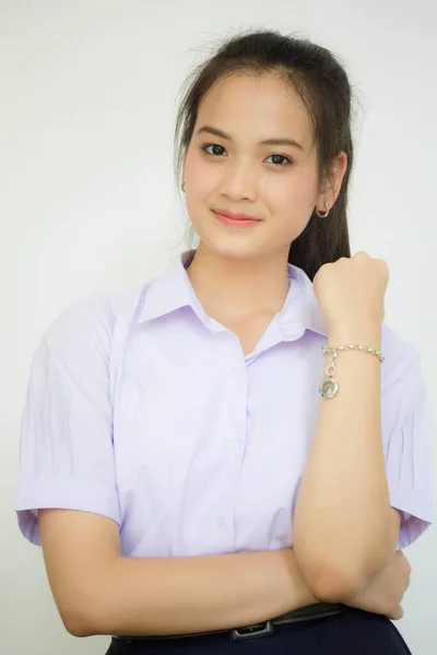 Portrait Thai Lycéen Uniforme Adolescent Belle Fille Heureux Détendre — Photo