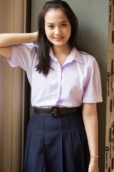 Πορτρέτο Του Thai Γυμνάσιο Στολή Μαθητή Έφηβος Όμορφο Κορίτσι Ευτυχισμένη — Φωτογραφία Αρχείου
