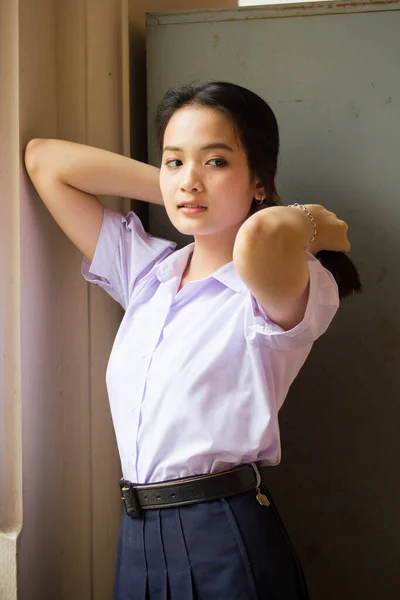 Portrait Thai High School Student Uniform Teen Beautiful Girl Happy — Stock Photo, Image