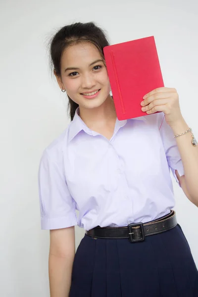 Asia Thai Scuola Superiore Studente Uniforme Bella Ragazza Leggere Libro — Foto Stock