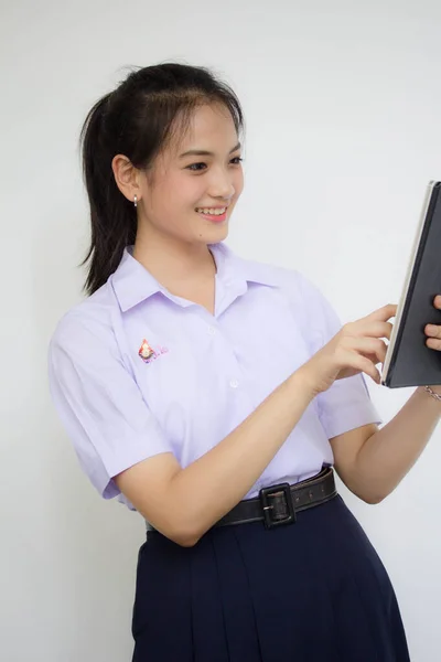 Portrait Thai High School Student Uniform Beautiful Girl Using Her — ストック写真