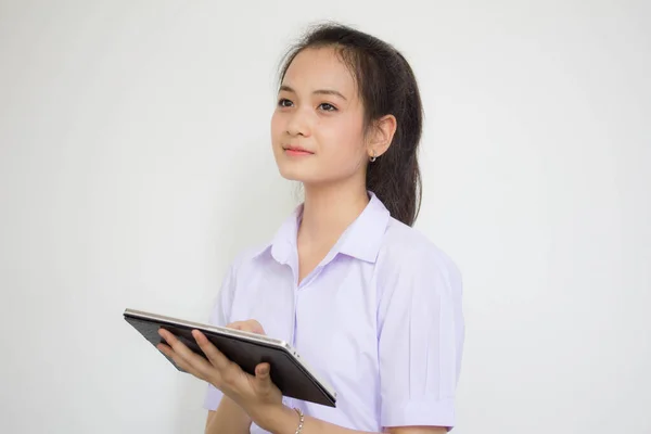 Portrait Thai High School Student Uniform Beautiful Girl Using Her — ストック写真