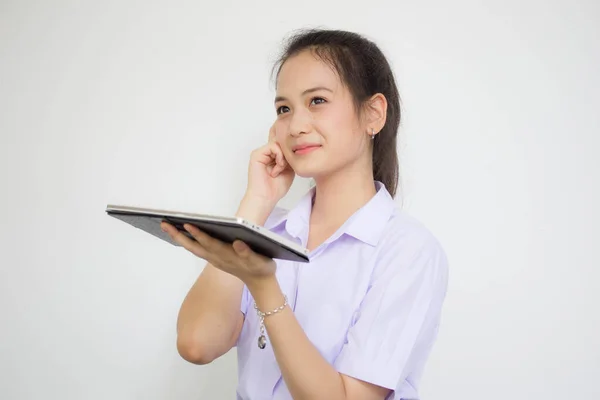 Portrait Thai High School Student Uniform Beautiful Girl Using Her — ストック写真