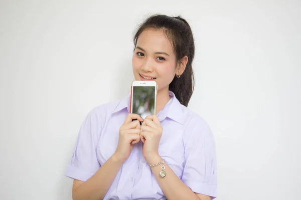 Portrait Thai High School Student Uniform Teen Beautiful Girl Using — Stock Photo, Image