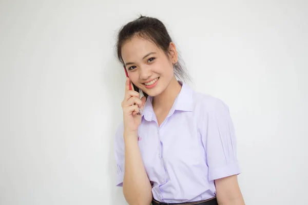 Retrato Tailandês Estudante Ensino Médio Uniforme Adolescente Bela Garota Chamando — Fotografia de Stock