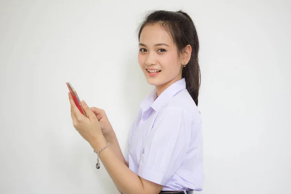 Retrato Tailandés Estudiante Secundaria Uniforme Adolescente Hermosa Chica Usando Teléfono — Foto de Stock