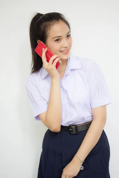 Ritratto Tailandese Liceo Studente Uniforme Giovanissima Bella Ragazza Chiamata Smart — Foto Stock