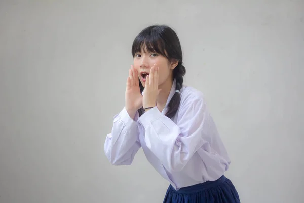 Retrato Tailandês Estudante Ensino Médio Uniforme Bela Menina Falar — Fotografia de Stock