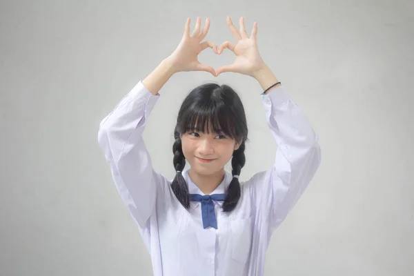 Portrait Thai High School Student Uniform Beautiful Girl Give Heart — Stock Photo, Image