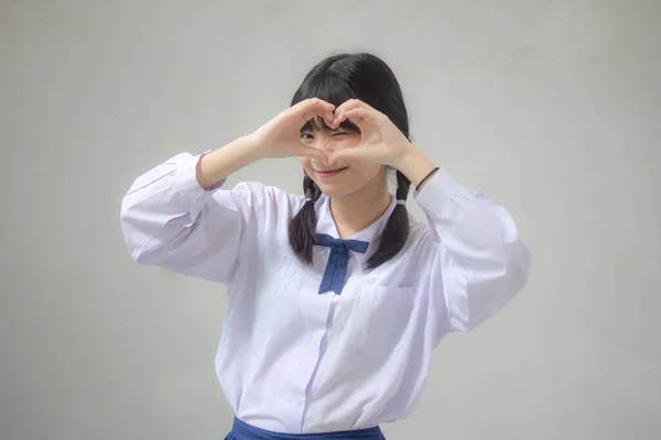 Retrato Tailandés Estudiante Secundaria Uniforme Hermosa Chica Dar Corazón — Foto de Stock