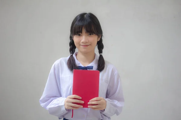 Asia Tailandesa Escuela Secundaria Estudiante Uniforme Hermosa Chica Mostrar Libro —  Fotos de Stock