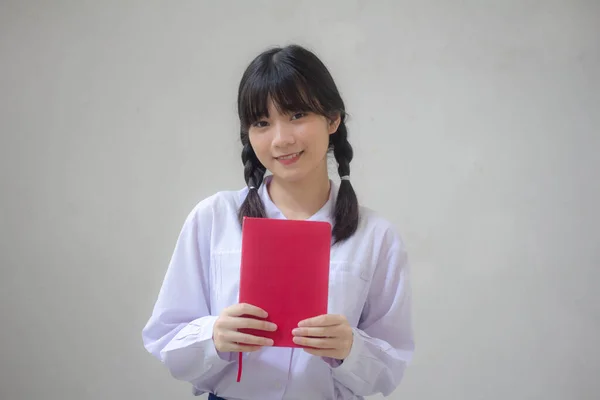 Asia Tailandesa Escuela Secundaria Estudiante Uniforme Hermosa Chica Mostrar Libro —  Fotos de Stock