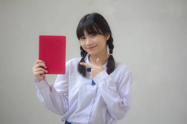 Ασία Thai Γυμνάσιο Στολή Μαθητή Όμορφο Κορίτσι Δείχνουν Ένα Βιβλίο — Φωτογραφία Αρχείου