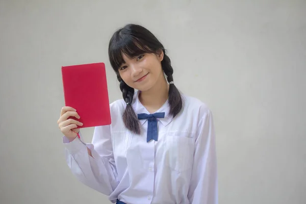 Ασία Thai Γυμνάσιο Στολή Μαθητή Όμορφο Κορίτσι Δείχνουν Ένα Βιβλίο — Φωτογραφία Αρχείου