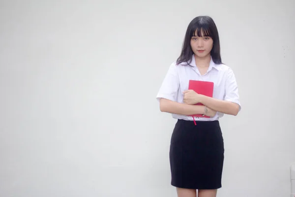 Tailandês Adulto Estudante Universidade Uniforme Bela Menina Vermelho Livro — Fotografia de Stock