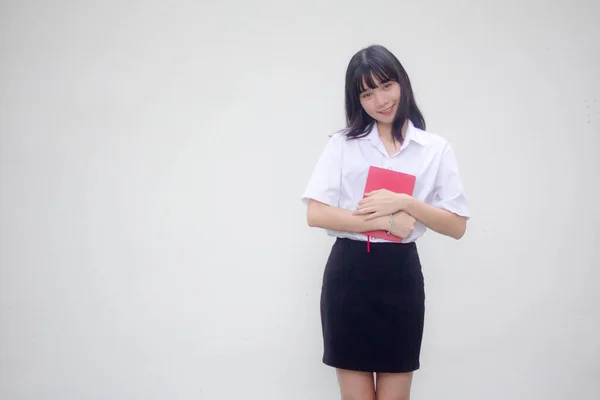 Thai Volwassen Student Universiteit Uniform Mooi Meisje Rood Boek — Stockfoto