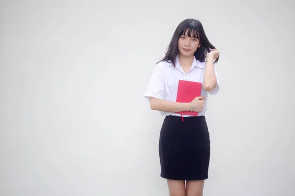 Thai Volwassen Student Universiteit Uniform Mooi Meisje Rood Boek — Stockfoto