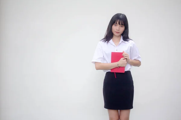Thajská Dospělá Studentská Univerzita Uniforma Krásná Dívka Červená Kniha — Stock fotografie
