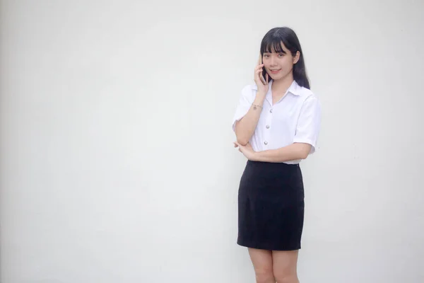 Thai Adult Student University Uniform Beautiful Girl Calling Smart Phone — Stock Photo, Image