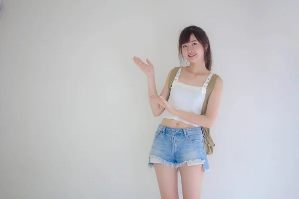 Bella Ragazza Tailandese Turisti Scozzese Camicia Bianca Jeans Blu Che — Foto Stock