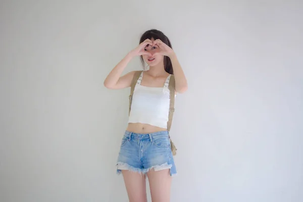 Hermosa Chica Tailandesa Turistas Escocés Camisa Blanca Vaqueros Azules Dan —  Fotos de Stock