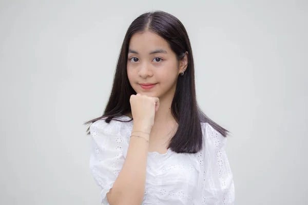 Ázsiai Thai Tini Fehér Póló Szép Lány Mosoly Pihenés — Stock Fotó