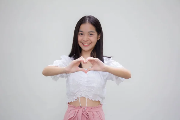 asia thai teen White t-shirt beautiful girl give heart