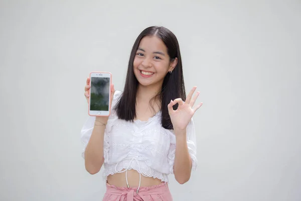 Ásia Tailandês Japonês Adolescente Branco Shirt Bela Menina Mostrar Seu — Fotografia de Stock