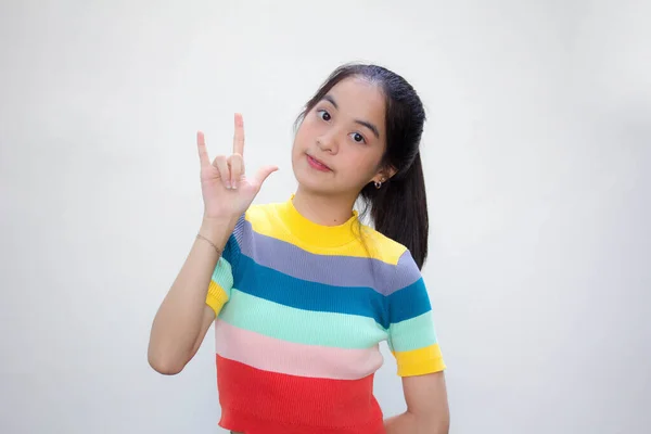 Asiático Tailandés Adolescente Color Camiseta Hermosa Chica Amor Usted —  Fotos de Stock