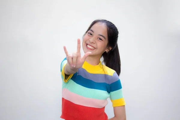 Asiático Tailandés Adolescente Color Camiseta Hermosa Chica Amor Usted —  Fotos de Stock