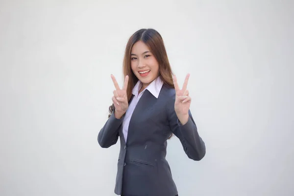 Portrait Thai Adult Office Girl Victory — Stock Photo, Image
