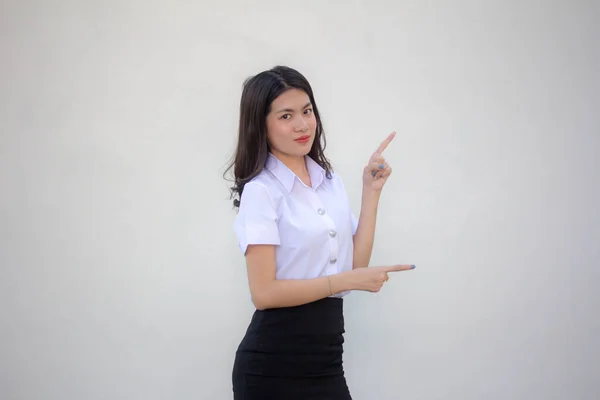 Thai Volwassen Student Universiteit Uniform Mooi Meisje Wijzend — Stockfoto