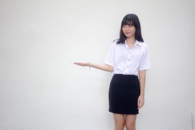 Taylandlı yetişkin üniversite üniforması güzel kız elini göster.