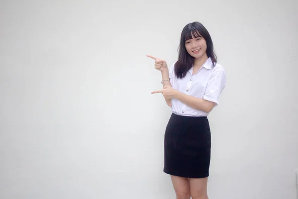 Thai Volwassen Student Universiteit Uniform Mooi Meisje Wijzend — Stockfoto