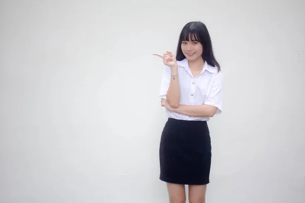 Thai Volwassen Student Universiteit Uniform Mooi Meisje Wijzend — Stockfoto