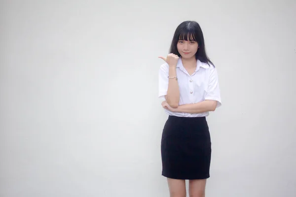 Thai Volwassen Student Universiteit Uniform Mooi Meisje Wijzend — Stockfoto