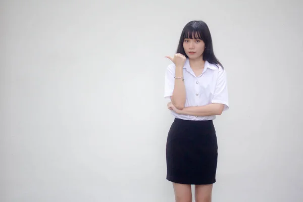 Tailandés Adulto Estudiante Universidad Uniforme Hermosa Chica Señalando —  Fotos de Stock