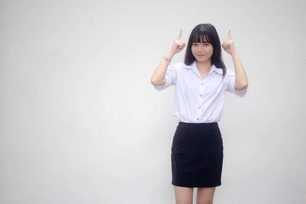 Tailandés Adulto Estudiante Universidad Uniforme Hermosa Chica Señalando — Foto de Stock