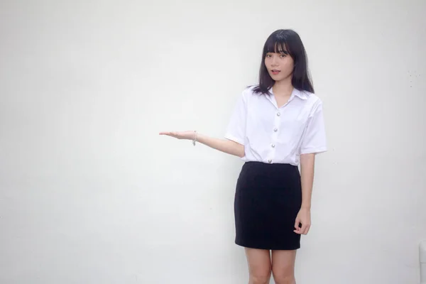 Thai Erwachsene Student Universität Uniform Hübsch Mädchen Zeigen Hand — Stockfoto