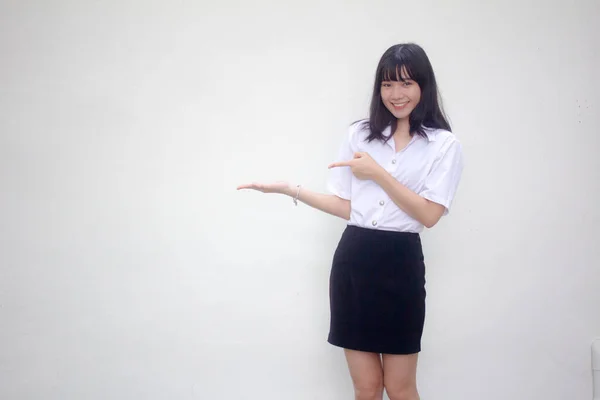 Thai Erwachsene Student Universität Uniform Hübsch Mädchen Zeigen Hand — Stockfoto