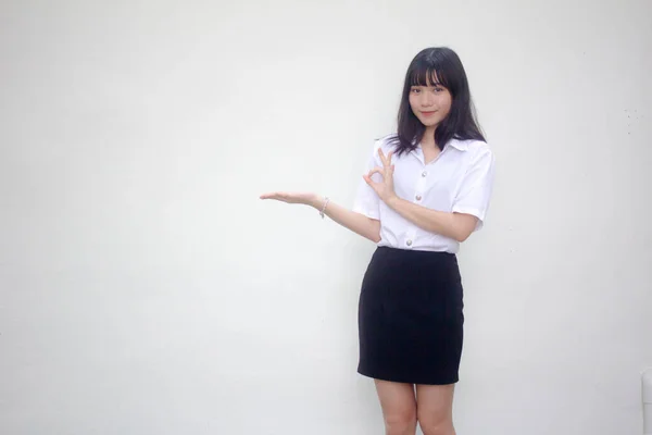 Thai Vuxen Student Universitet Uniform Vacker Flicka Visa Handen — Stockfoto