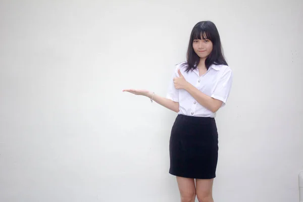 Tailandês Adulto Estudante Universidade Uniforme Bela Menina Mostrar Mão — Fotografia de Stock