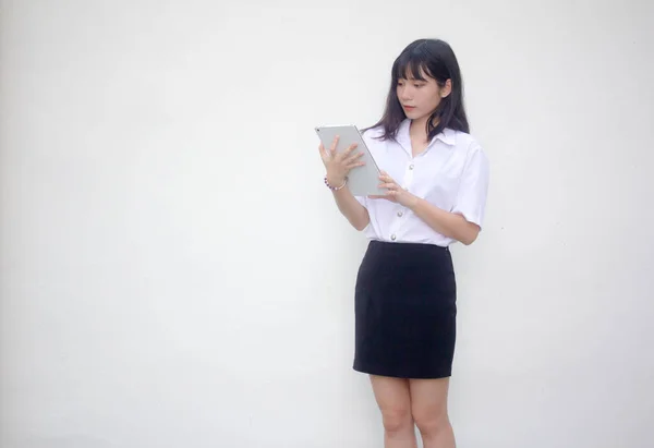 Thai Adult Student University Uniform Beautiful Girl Using Her Tablet — Stock Photo, Image