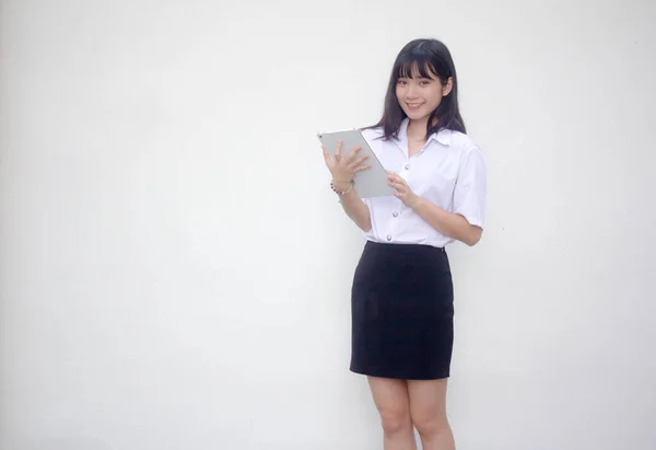 Thai Volwassen Student Universiteit Uniform Mooi Meisje Met Behulp Van — Stockfoto