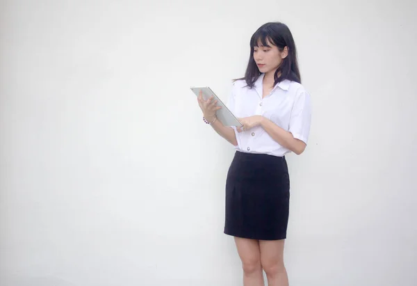 Thai Adult Student University Uniform Beautiful Girl Using Her Tablet — Stock Photo, Image